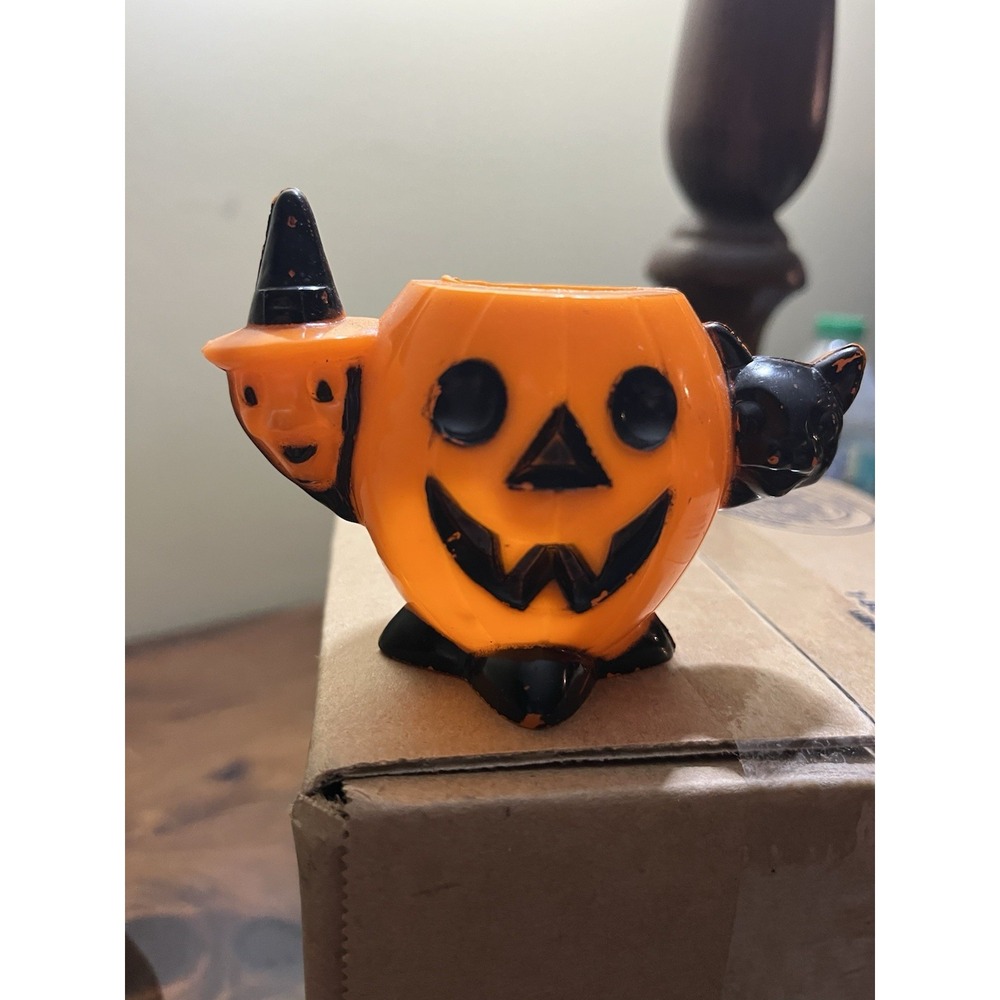 Vtg 1950's Rosbro Halloween Plastic Candy Container Witch JOL & 15 Cake  Toppers